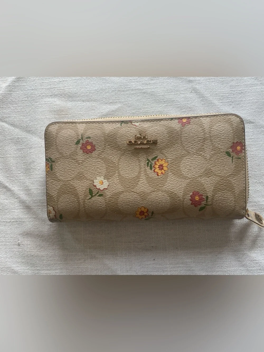 Coach Beige Signature Floral Zip Wallet
